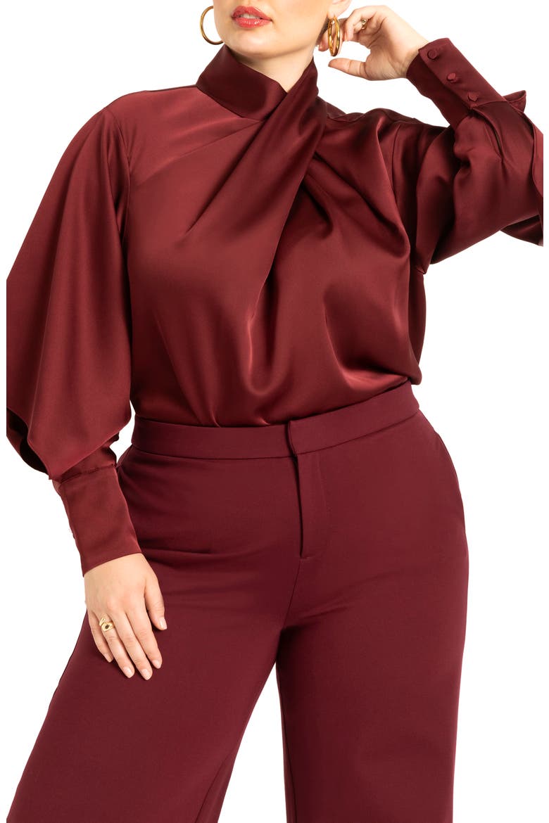 Draped Neck Satin Blouse, Main, color, ZINFINDEL