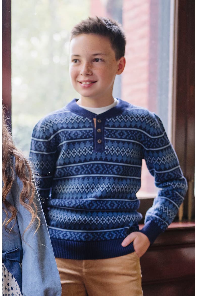 Kids' Organic Long Sleeve Henley Pullover Sweater with Elbow Patches, Alternate, color, Ivory Purl Stripe