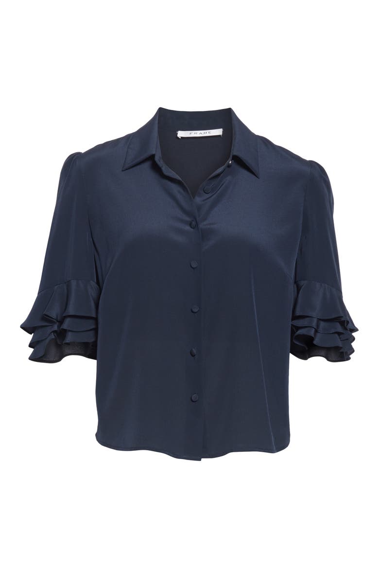 Ruffle Sleeve Silk Top, Alternate, color, DARK NAVY