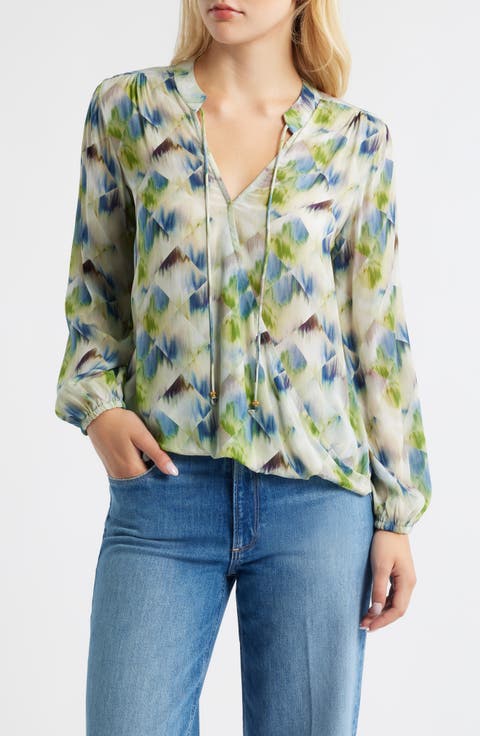 Print Tassel Surplice Chiffon Top