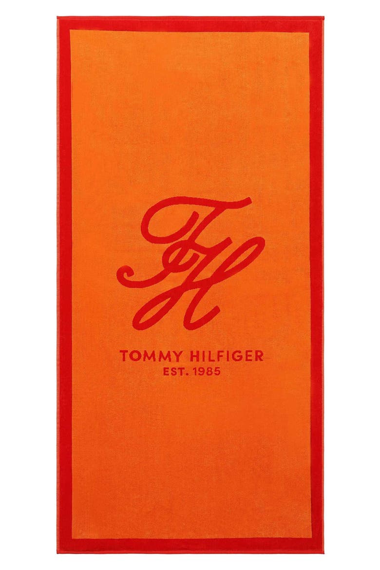 Colorblock Monogram Beach Towel, Alternate, color, ORANGE/ CHERRY