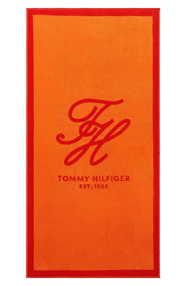Tommy Hilfiger Colorblock Monogram Beach Towel, Alternate, color, Orange/ Cherry