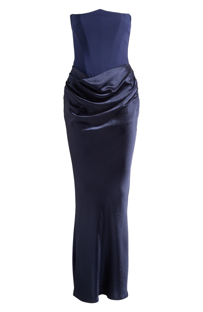 HOUSE OF CB Persephone Strapless Corset Satin & Stretch Crepe Mermaid Gown, Alternate, color, Navy