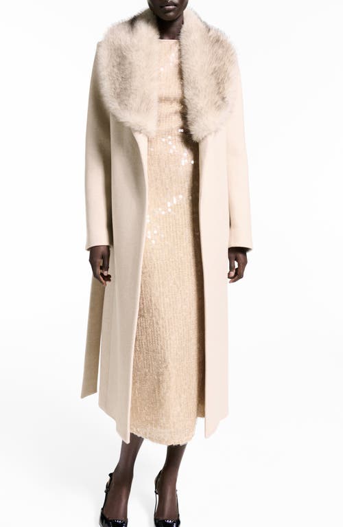 MANGO MANGO DOLCE WOOL BLEND WRAP COAT WITH REMOVABLE FAUX FUR COLLAR 