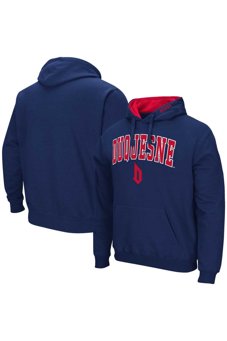 Men's Colosseum Navy Duquesne Dukes Arch & Logo 3.0 Pullover Hoodie, Main, color, Navy