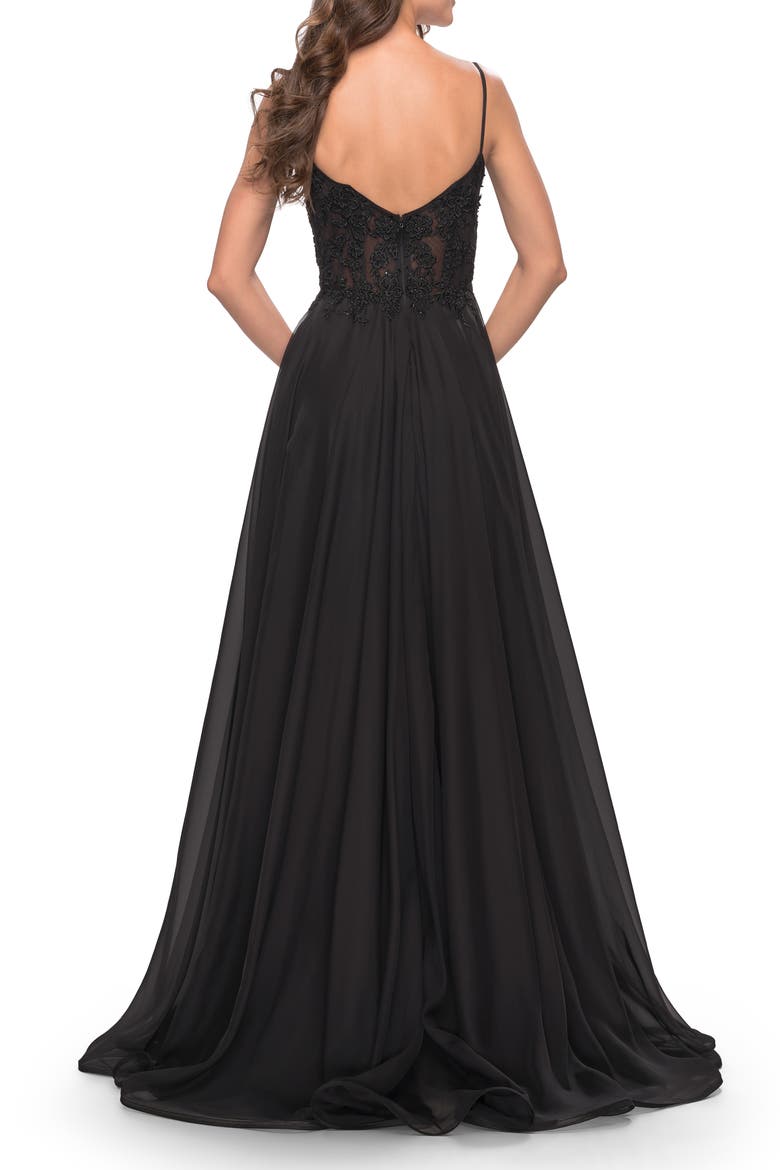 A-line Gown with Sheer Floral Embellished Bodice in Jewel Tones, Alternate, color, Black