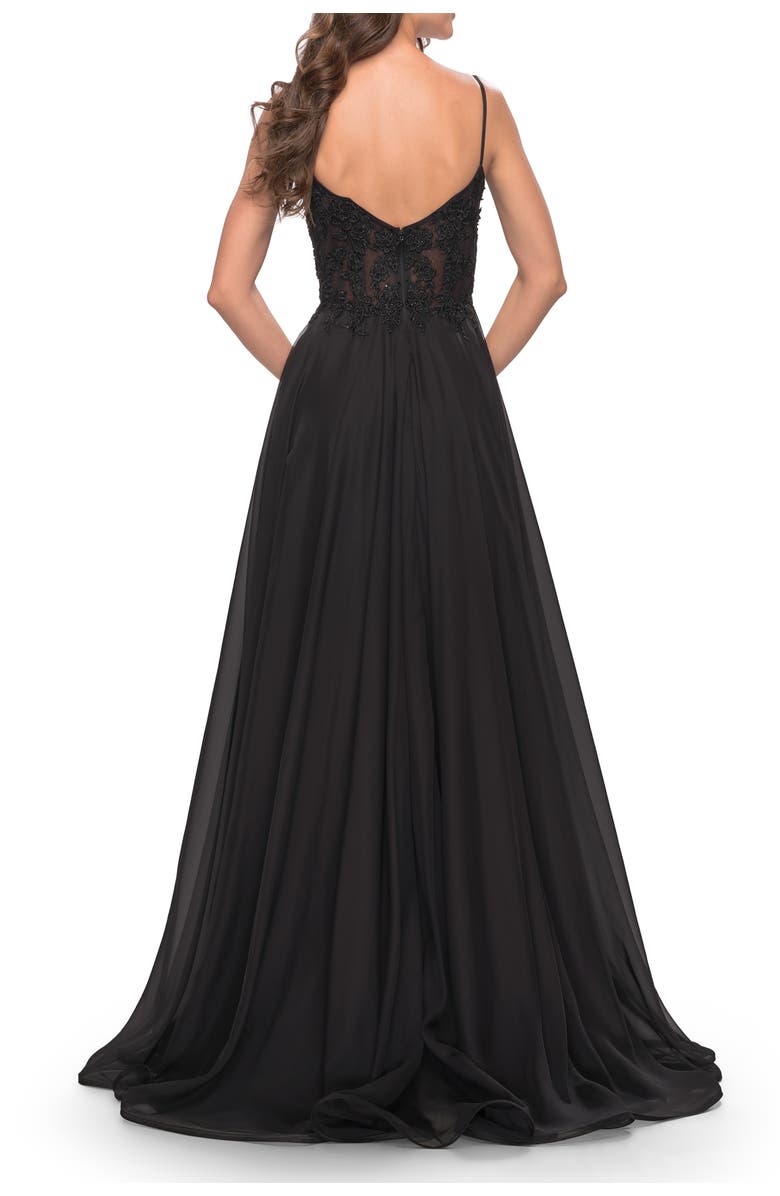 La Femme A-line Gown with Sheer Floral Embellished Bodice in Jewel Tones, Alternate, color, Black