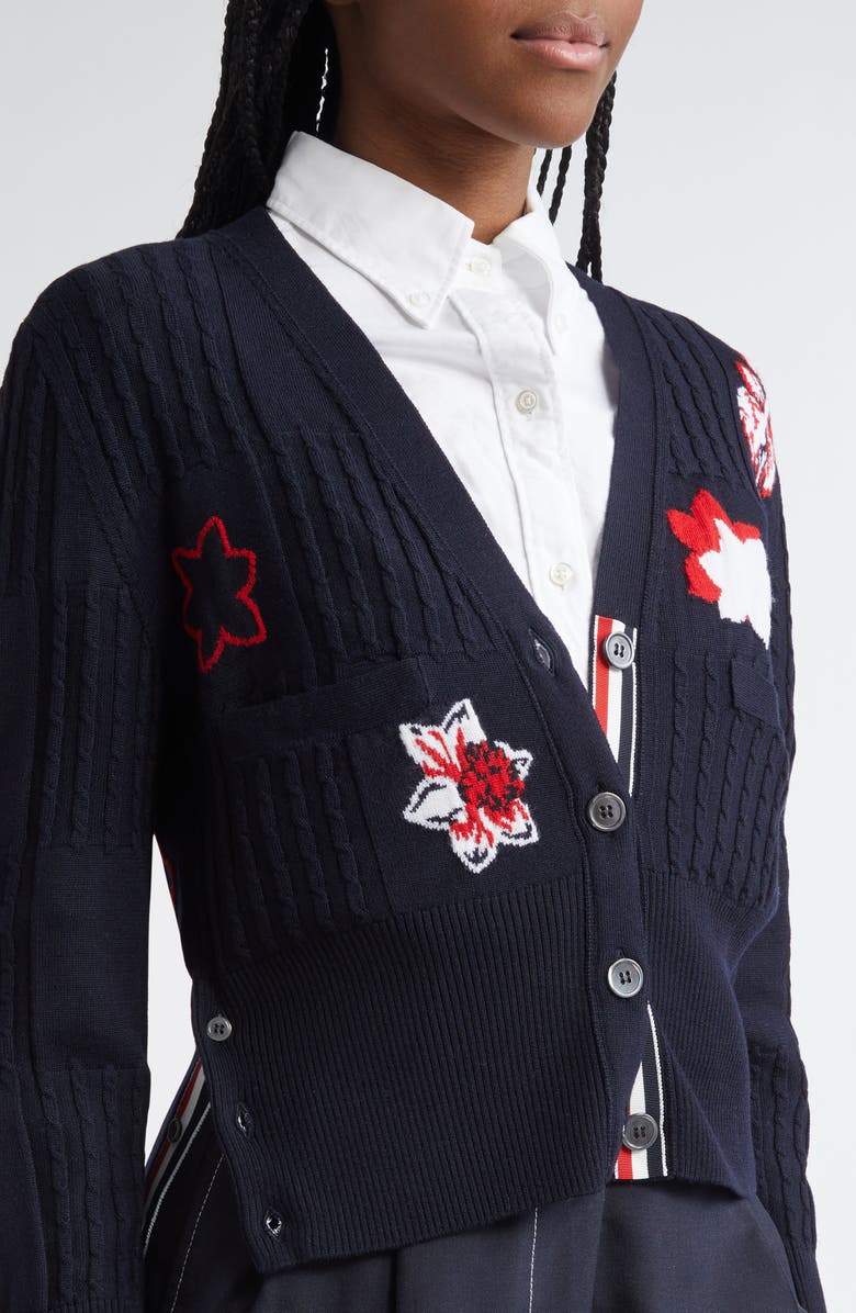 Thom Browne Hector Floral Cable Knit Virgin Wool Cardigan, Alternate, color, 