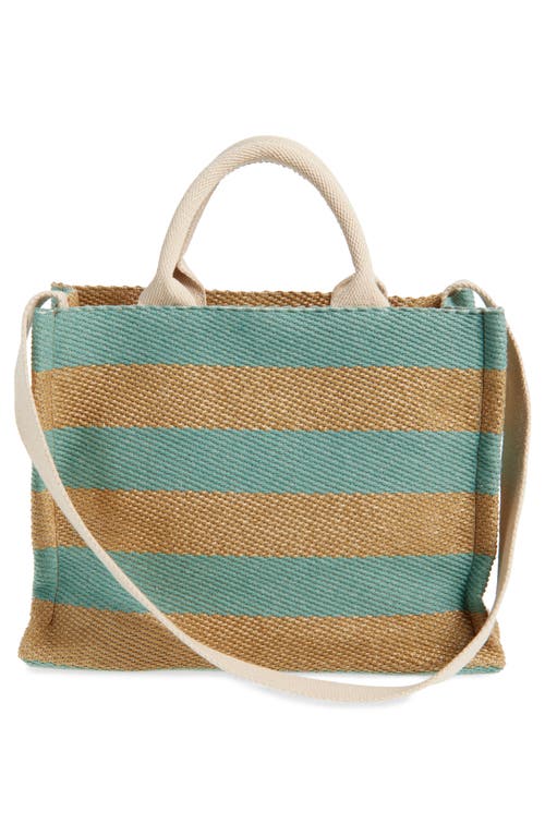 Marni Small Logo Stripe Woven Tote In Teal/blue