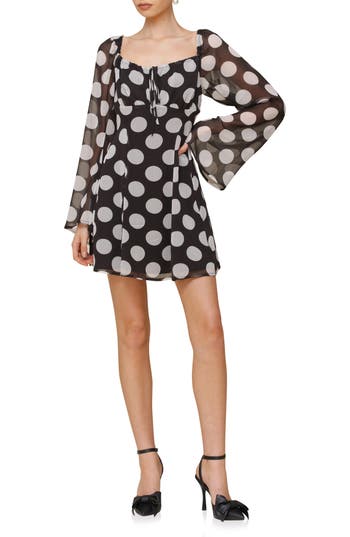 Avec Les Filles Dot Long Sleeve Chiffon Minidress
