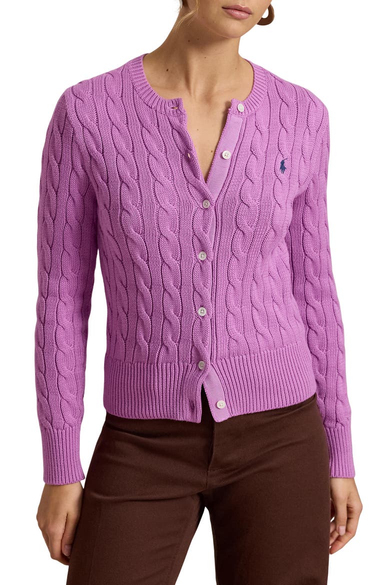 Cable Stitch Cotton Crewneck Cardigan, Main, color, THISTLE PINK