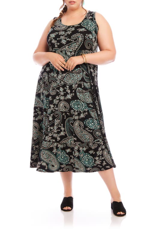 Karen Kane Sleeveless Midi Dress In Aqua Color Paisley Print On Black In Paisley