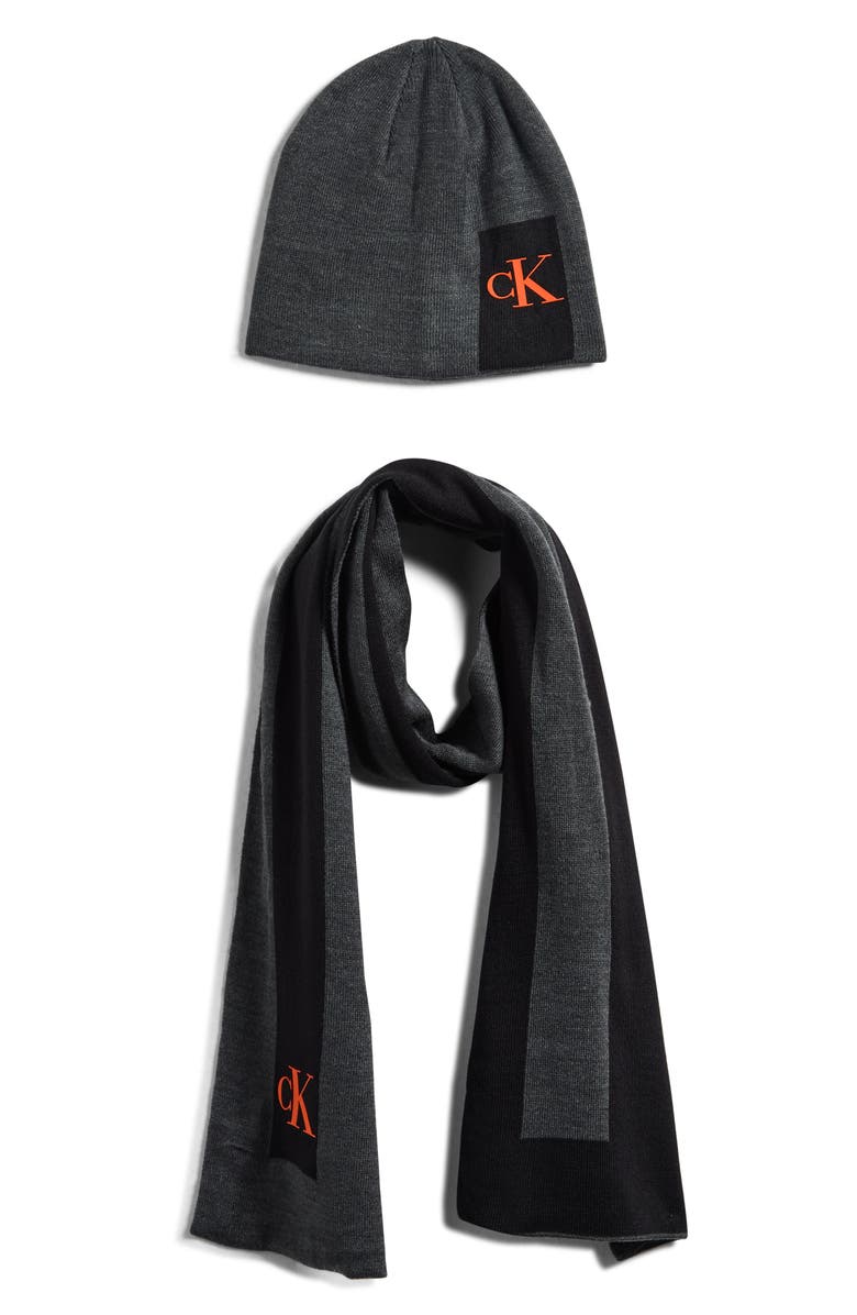 Calvin Klein Monogram Beanie & Scarf Set, Main, color, Gunmetal Heather
