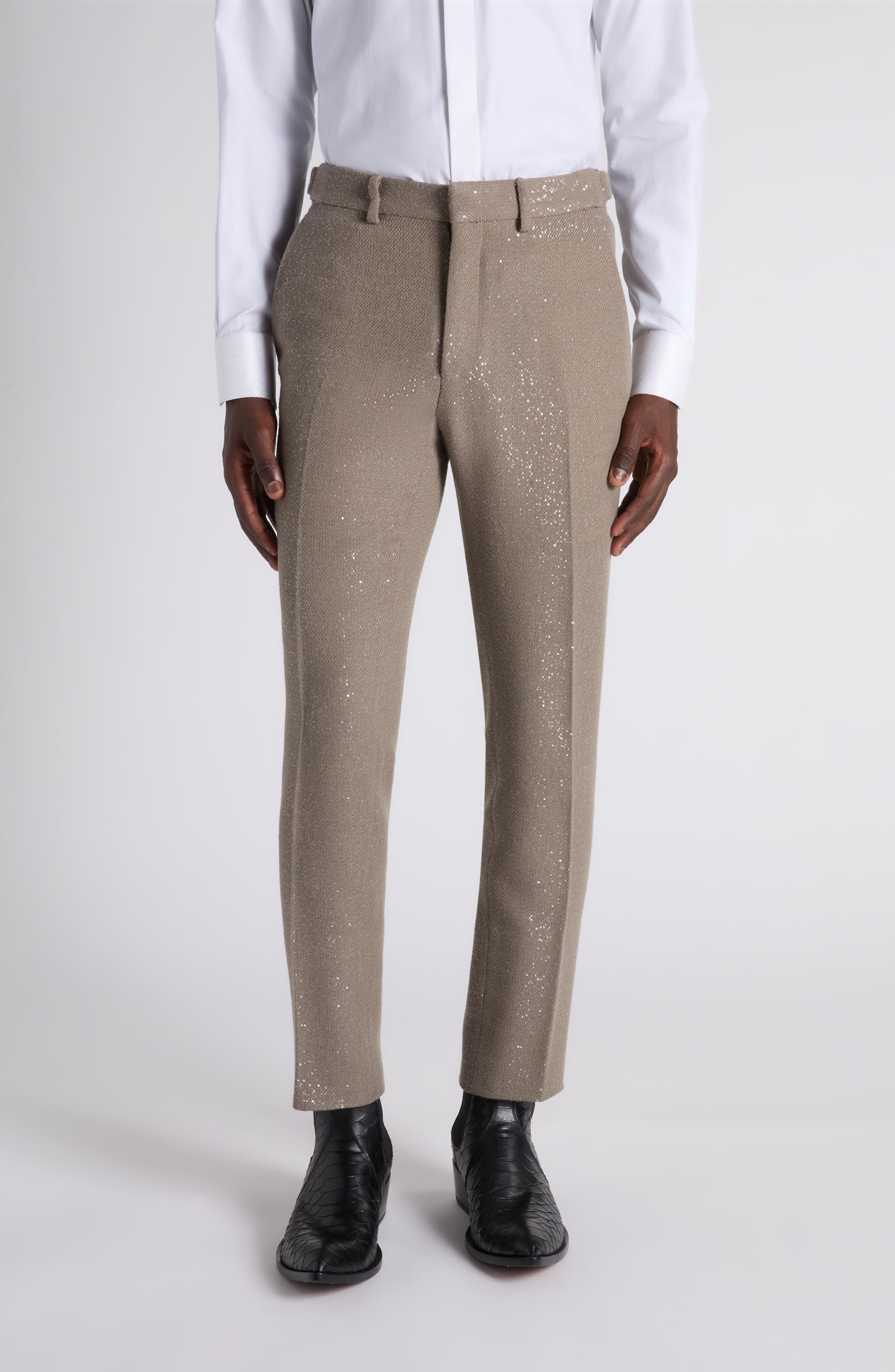Sequin Light Boucle Flat Front Pants