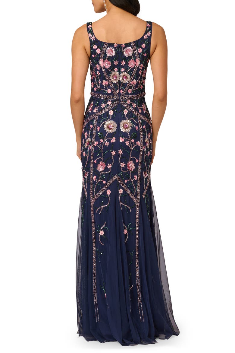 Beaded Floral Godet Gown, Alternate, color, NAVY/ PINK MULTI