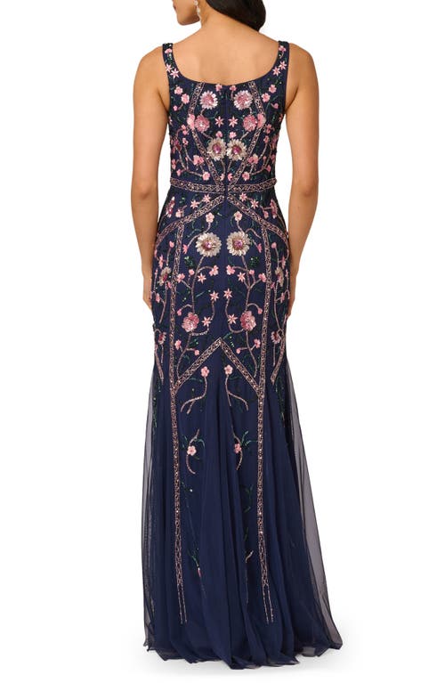 Adrianna Papell Beaded Floral Godet Gown In Blue