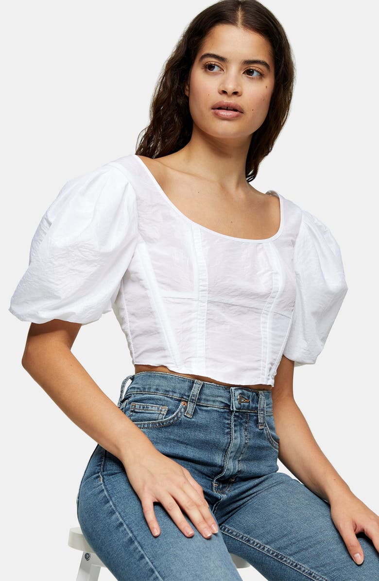 Topshop Taffeta Puff Sleeve Corset Blouse, Alternate, color, 