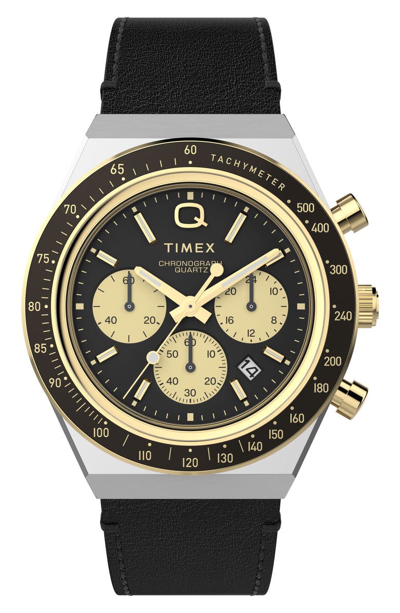 Timex<sup>®</sup> Q Chronograph Leather Strap Watch, 40mm, Main, color, Black