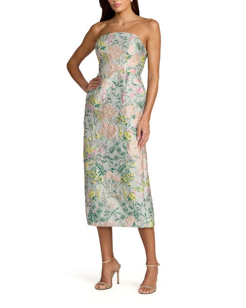 Multicolor Strapless Brocade Midi Dress With Pockets
