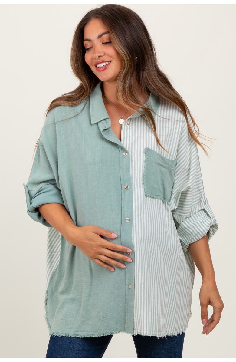 PinkBlush Colorblock Stripe Oversized Button Down, Alternate, color, Light Olive
