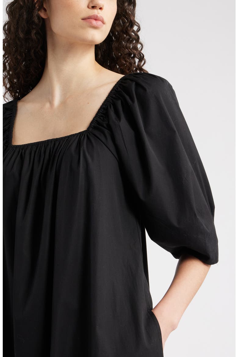 Square Neck Puff Sleeve Cotton Midi Dress, Alternate, color, BLACK