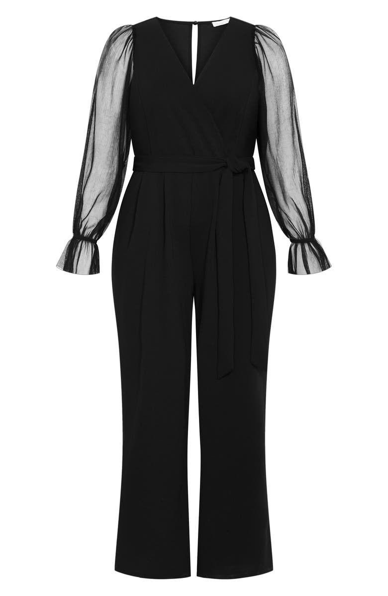 City Chic Alannah Sheer Sleeve Jumpsuit, Alternate, color, Black