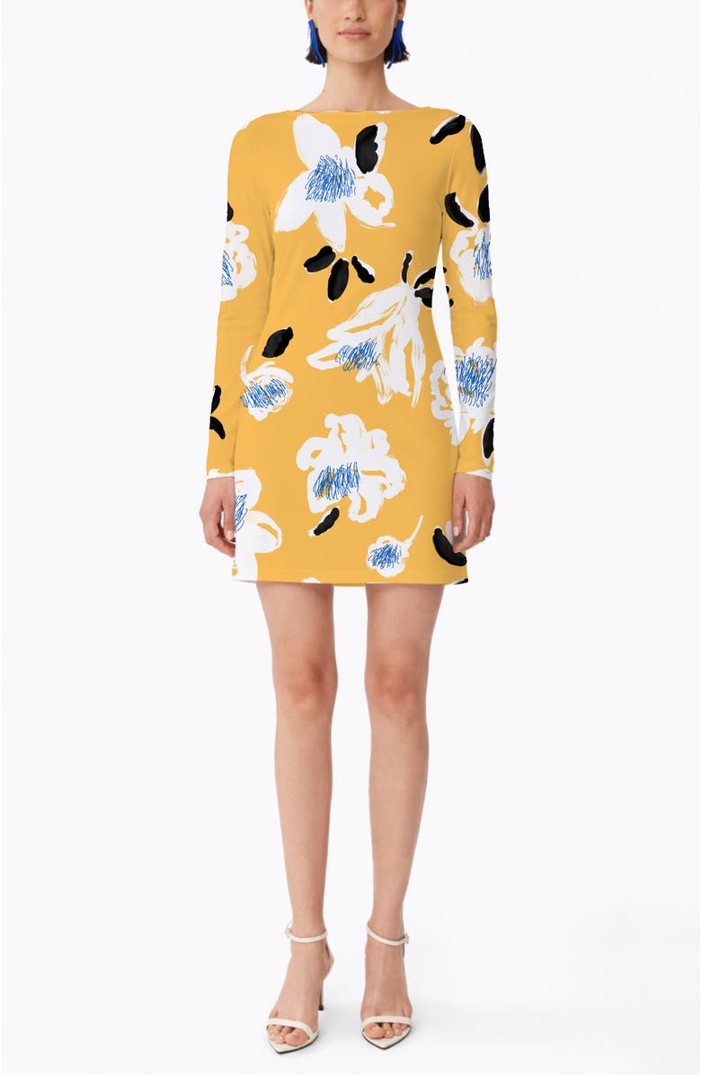 De Loreta Rubi Long Sleeve Mini Cotton Dress, Main, color, Peonia Yellow Print