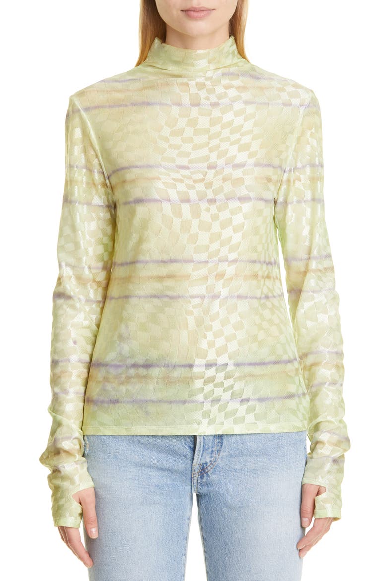 Thumbtastic Mock Neck Mesh Top, Main, color, LIME STRIPE STAR