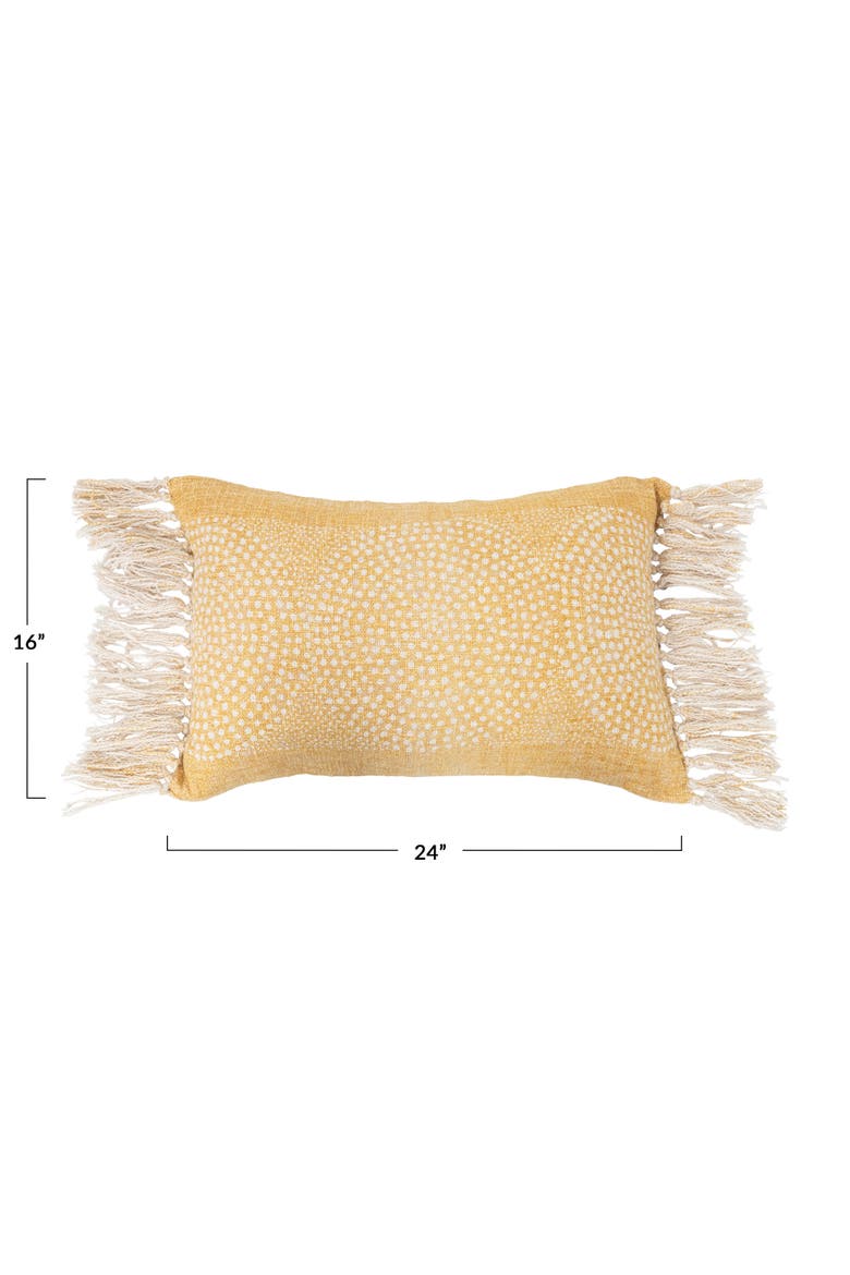 Stonewashed Cotton Slub Lumbar Pillow with Dot Pattern and Fringe, Alternate, color, Yellow