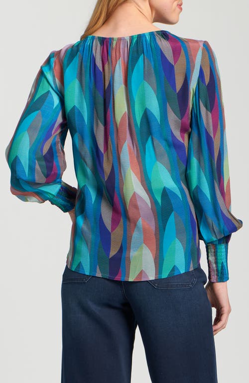 Apny Printed Smocked Cuff Top In Multi