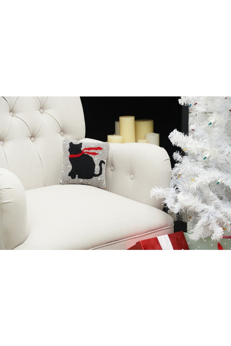Christmas Black Cat w/ Red Scarf Silhouette Hooked Mini Accent Pillow 8" x 8", Alternate, color, Grey
