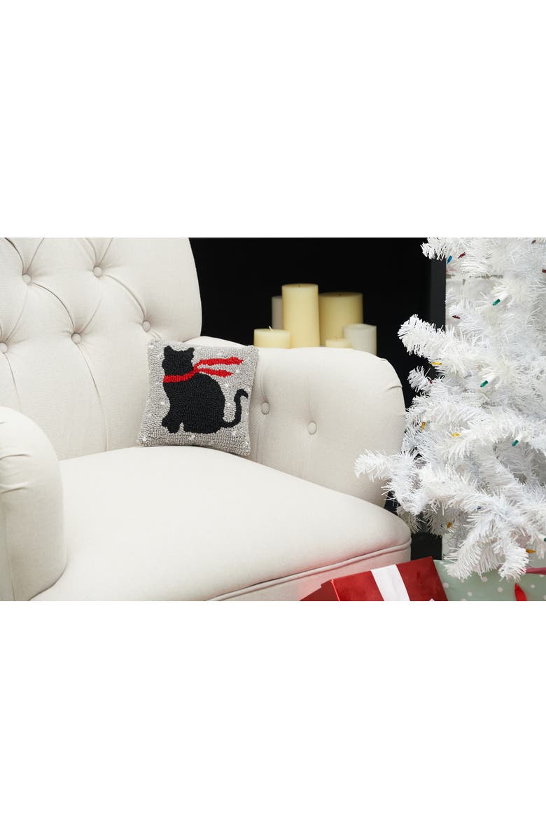 C&F Home Christmas Black Cat w/ Red Scarf Silhouette Hooked Mini Accent Pillow 8" x 8", Alternate, color, Grey
