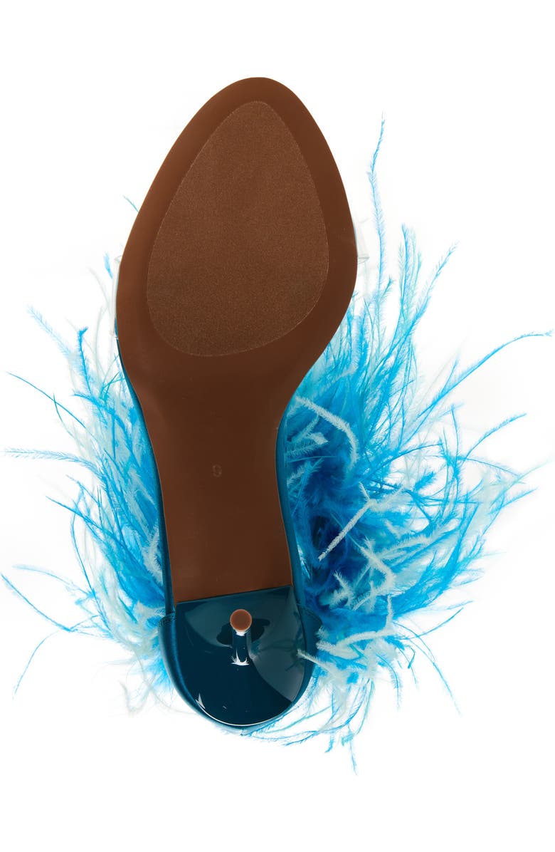 Jeffrey Campbell Bienvenue Feather Ankle Strap Sandal, Alternate, color, Turquoise Satin Combo