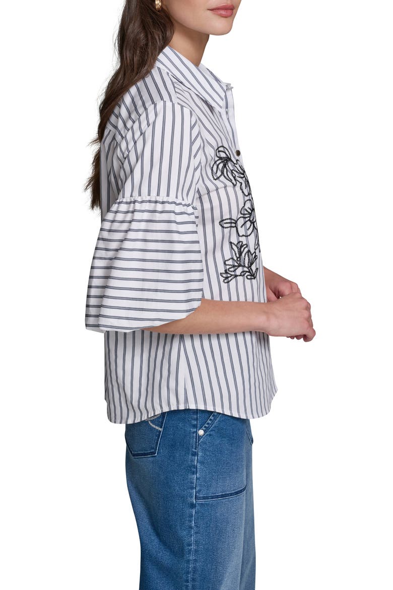 Embroidered Puff Sleeve Shirt, Alternate, color, SOFT WHITE/ MIDNIGHT NAVY