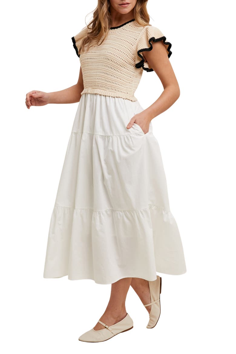 Mixed Media Midi Dress, Alternate, color, TAUPE/ WHITE