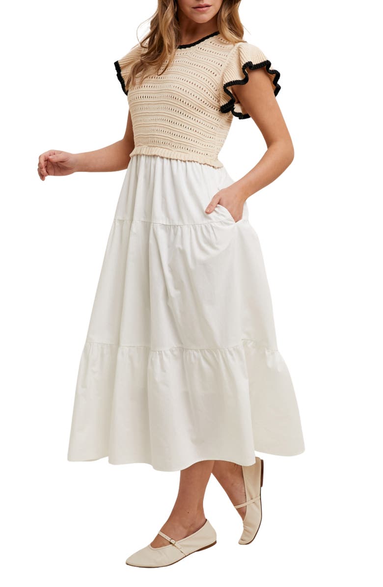 WISHLIST Mixed Media Midi Dress, Alternate, color, Taupe/ White