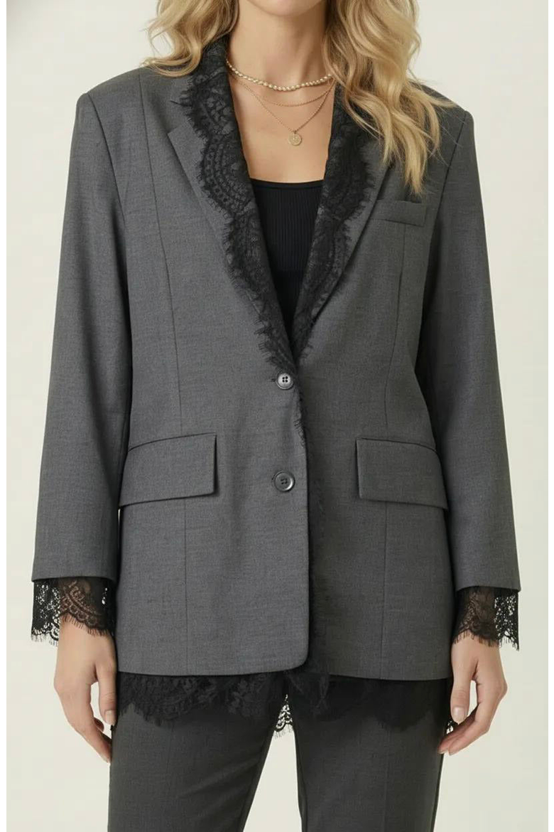 Tailored Lace Trim Lapel Blazer, Main, color, Charcoal Gray