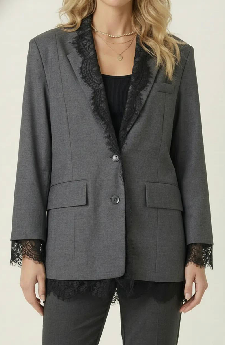 Modenaire Tailored Lace Trim Lapel Blazer, Main, color, Charcoal Gray