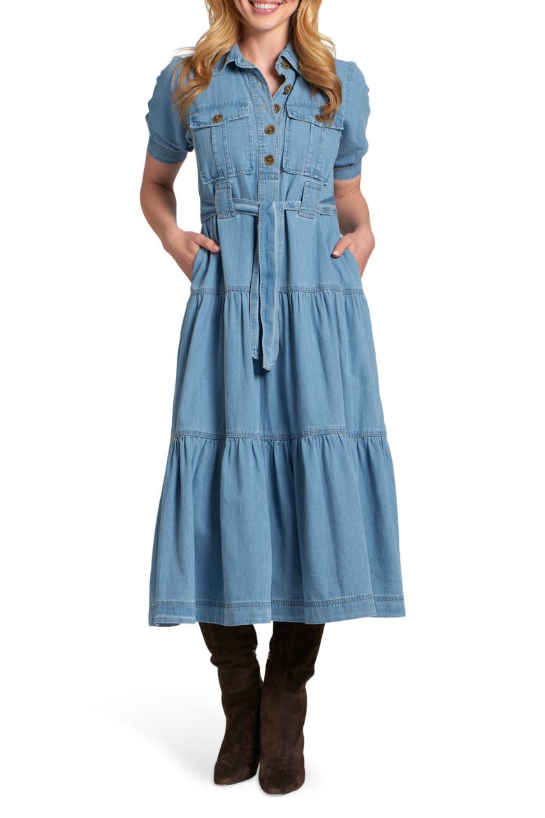 Tie Waist Tiered Midi Dress, Main, color, LIGHT INDIGO
