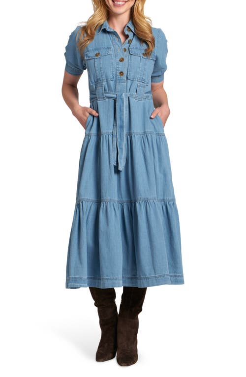 Apny Tie Waist Tiered Midi Dress In Blue