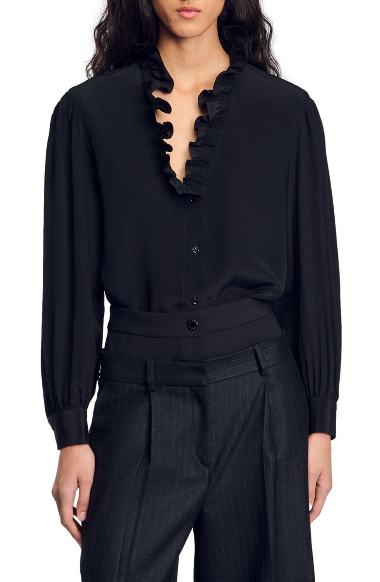 SANDRO Floaty silk shirt, Main, color, Black