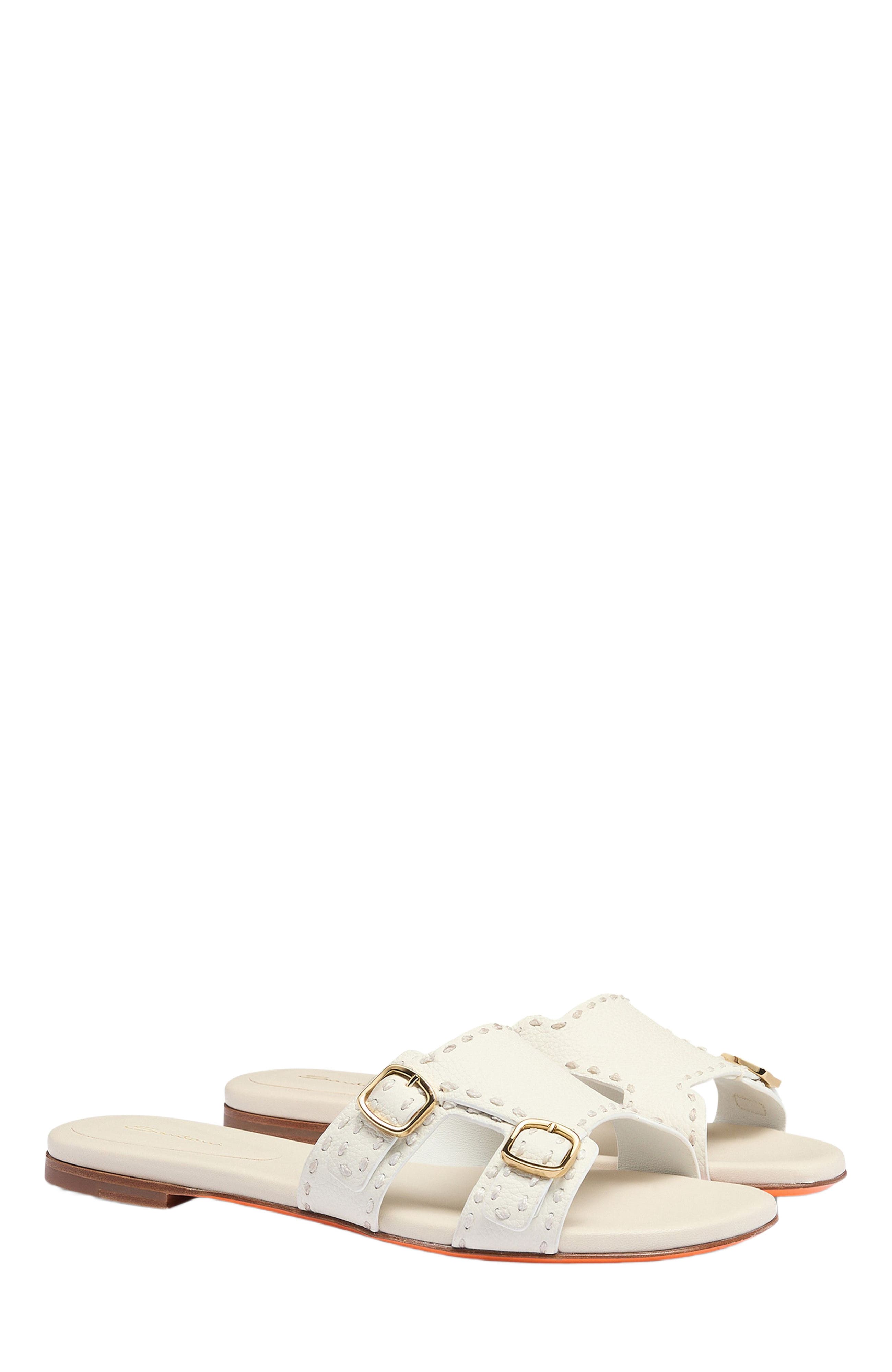 Santoni Women
s leather double-buckle Didi slide sandal, Alternate, color, White