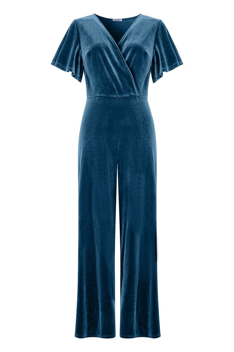 Flutter Sleeve Velvet Jumpsuit, Alternate, color, BLUE OPAL