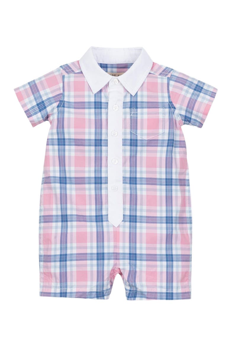 Baby Poplin Button Front Romper, Infant, Main, color, Fresh Pink and Blue Plaid
