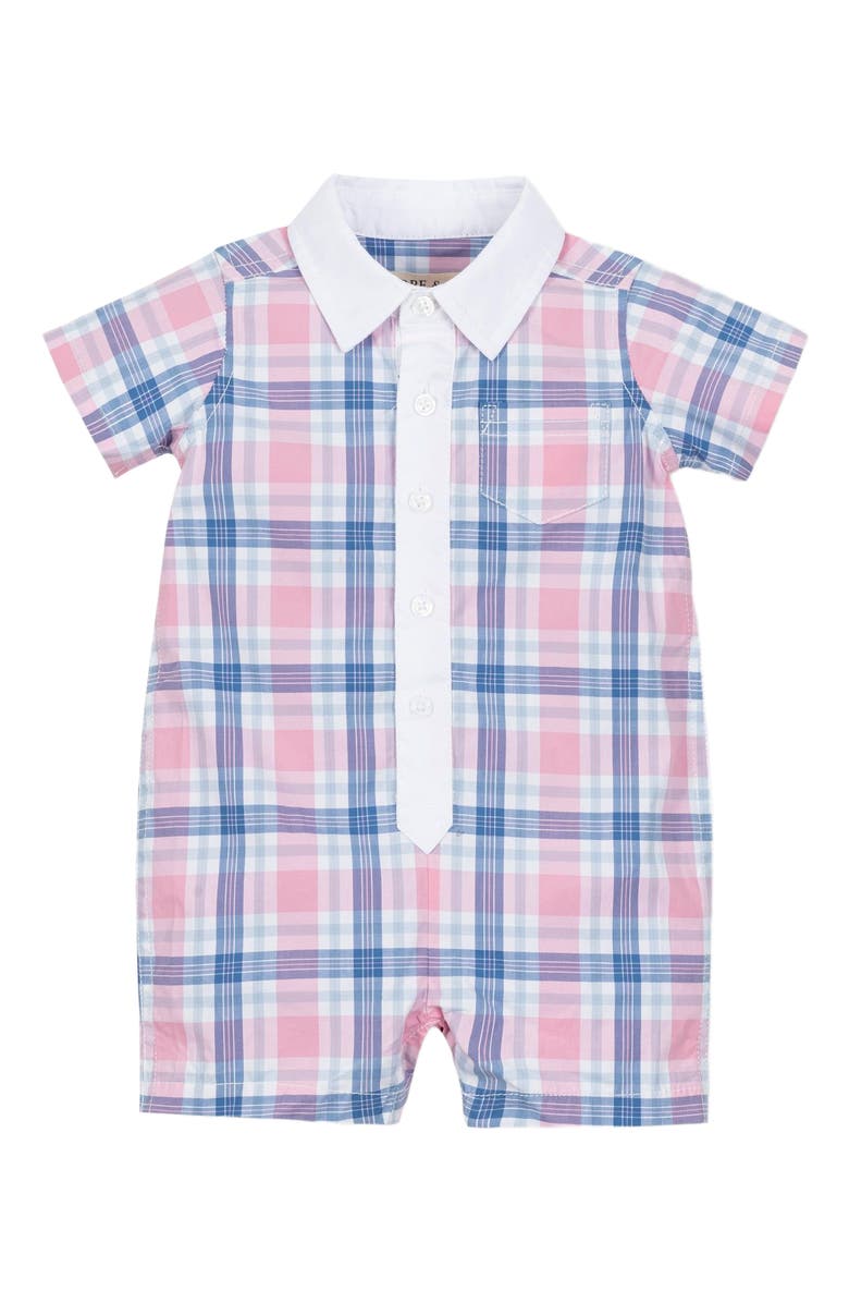 Hope & Henry Baby Poplin Button Front Romper, Infant, Main, color, Fresh Pink And Blue Plaid