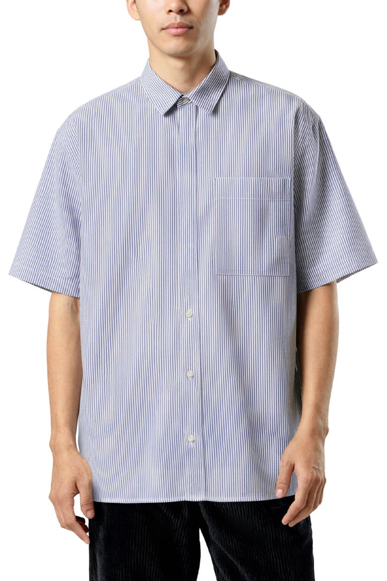 Oversize Pinstripe Short Sleeve Button-Up Oxford Shirt, Main, color, NAVY