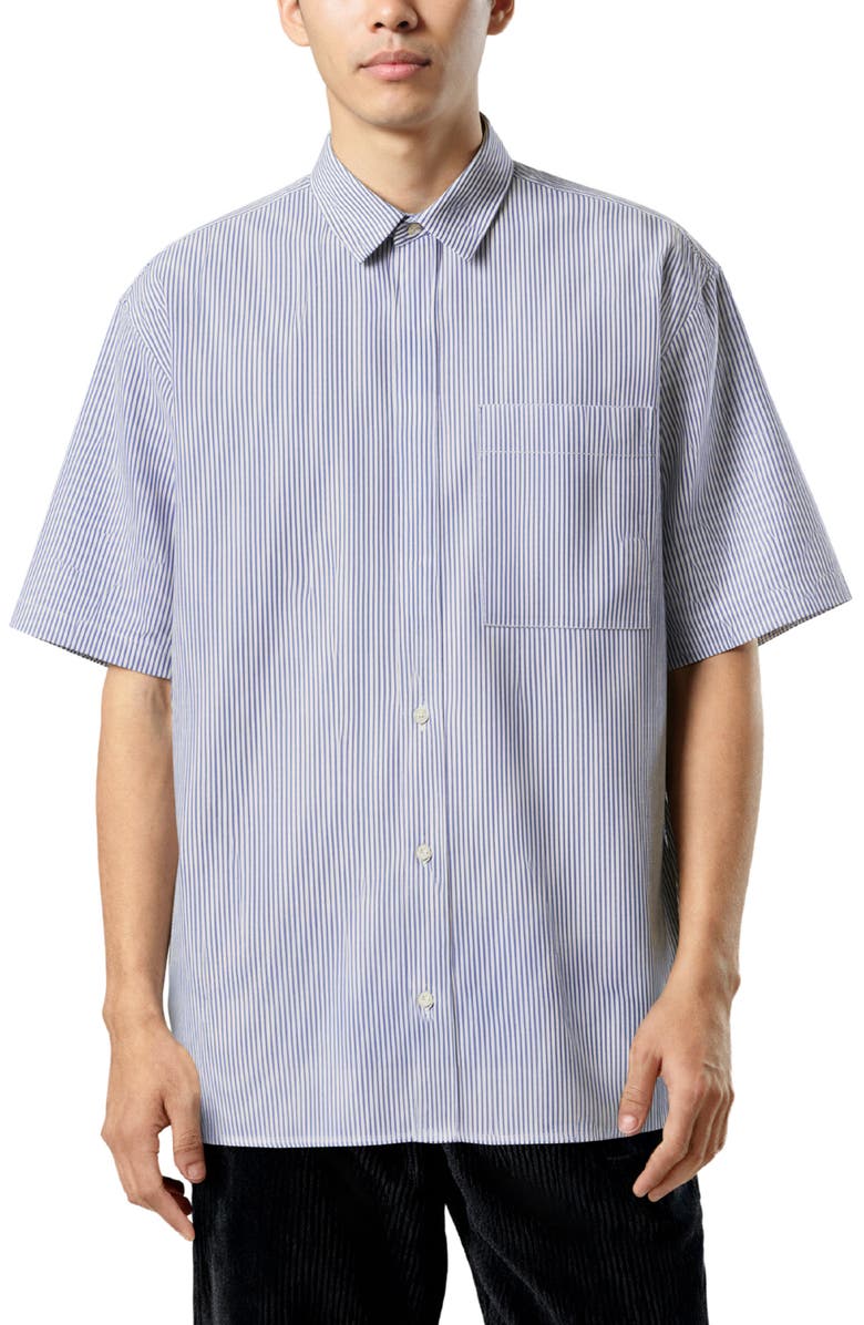 D.RT Oversize Pinstripe Short Sleeve Button-Up Oxford Shirt, Main, color, 