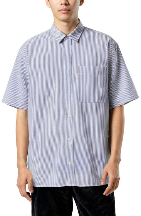 Oversize Pinstripe Short Sleeve Button-Up Oxford Shirt