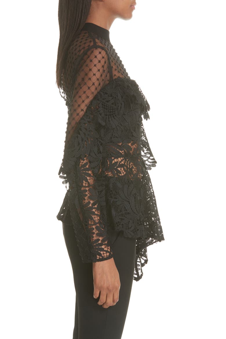 Beaded Yoke Lace Handkerchief Hem Top, Alternate, color, BLACK