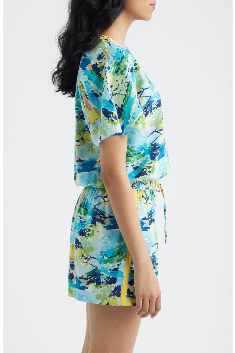 Allover Print Faux Wrap Shirt, Alternate, color, AQUA MULTI